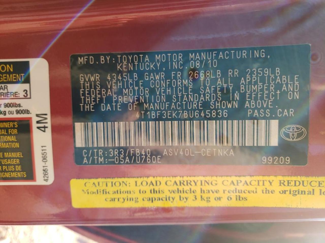 Photo 10 from auction – 2011 TOYOTA CAMRY BASE with VIN 4T1BF3EK7BU645836