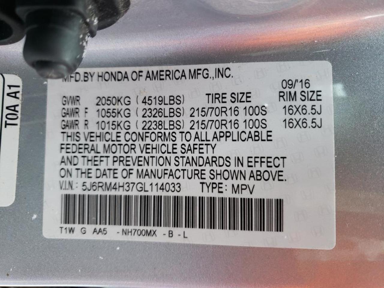 Photo 10 from auction – 2016 HONDA CR-V LX with VIN 5J6RM4H37GL114033
