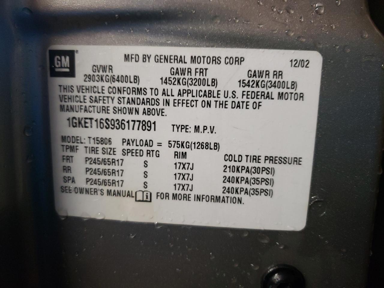 Photo 10 from auction – 2003 GMC ENVOY XL with VIN 1GKET16S936177891