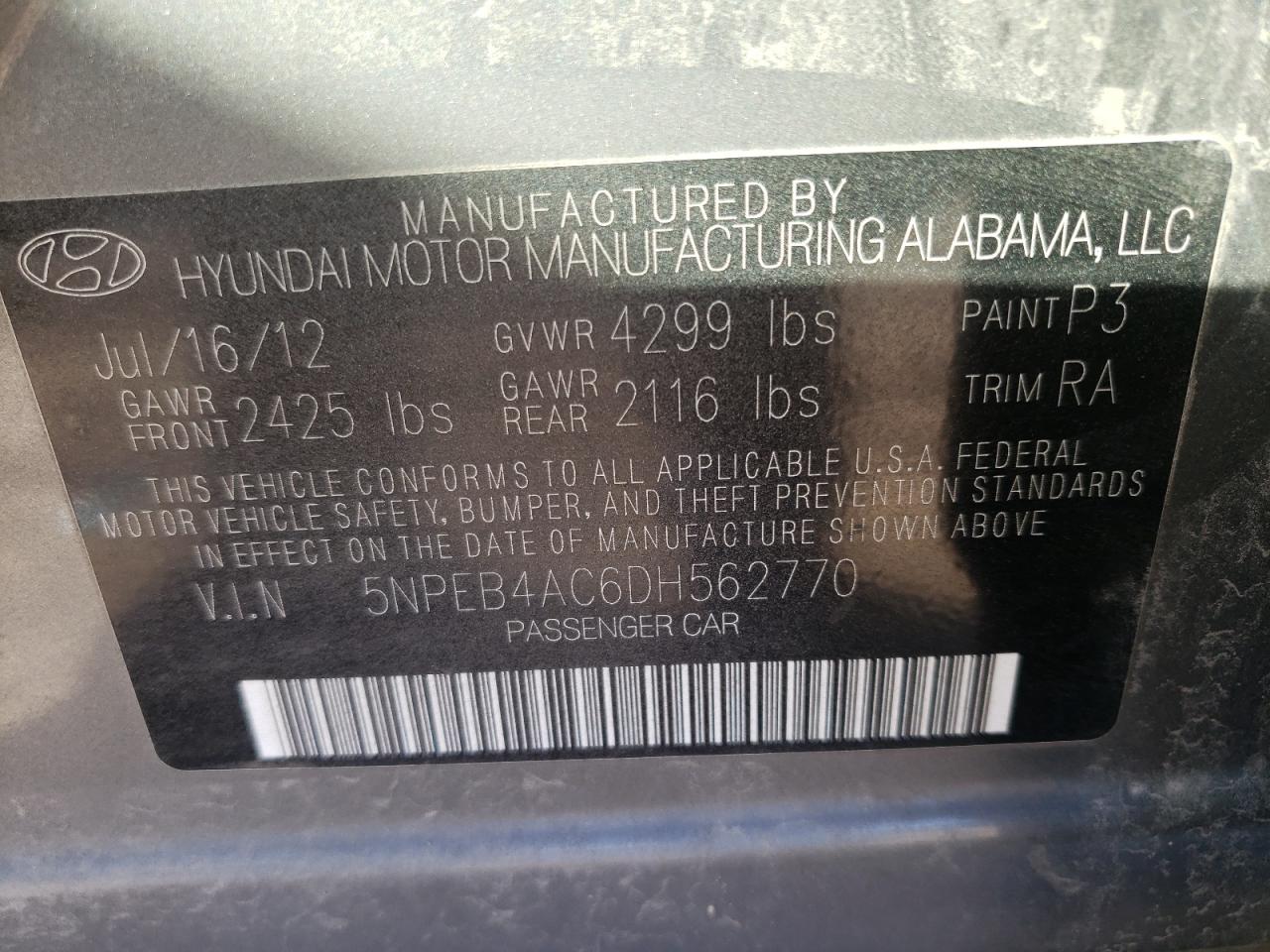 Photo 10 from auction – 2013 HYUNDAI SONATA GLS with VIN 5NPEB4AC6DH562770
