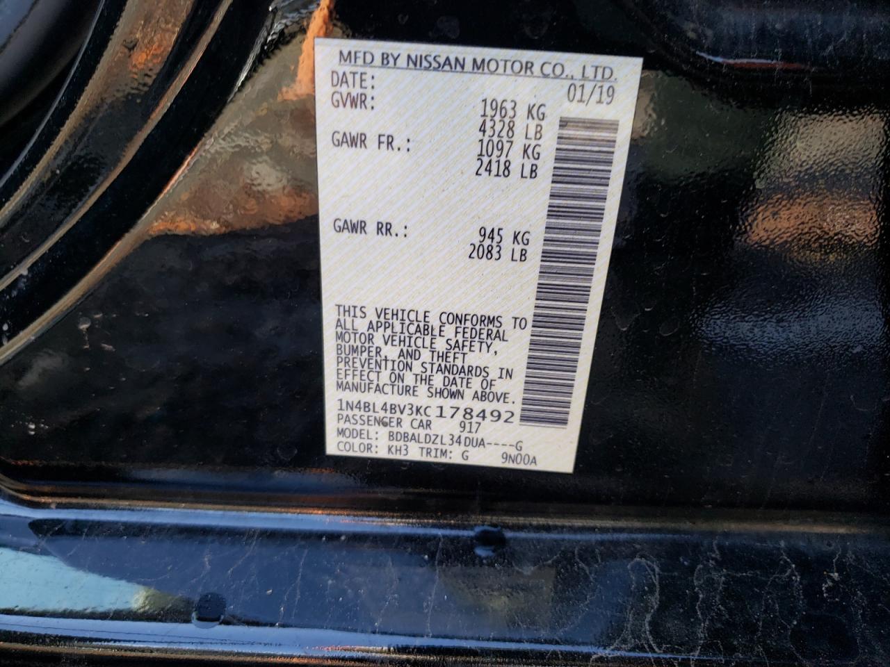 Photo 10 from auction – 2019 NISSAN ALTIMA S with VIN 1N4BL4BV3KC178492