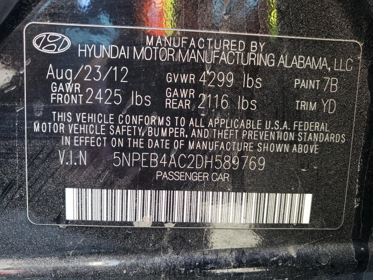 Photo 10 from auction – 2013 HYUNDAI SONATA GLS with VIN 5NPEB4AC2DH589769