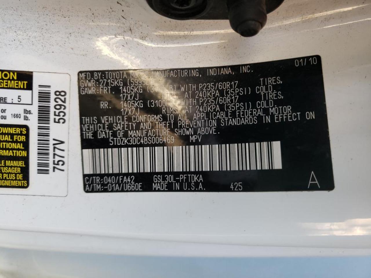Photo 10 from auction – 2011 TOYOTA SIENNA with VIN 5TDZK3DC4BS006469