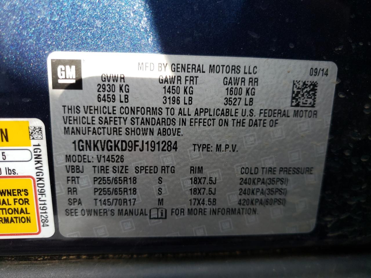 Photo 10 from auction – 2015 CHEVROLET TRAVERSE L with VIN 1GNKVGKD9FJ191284