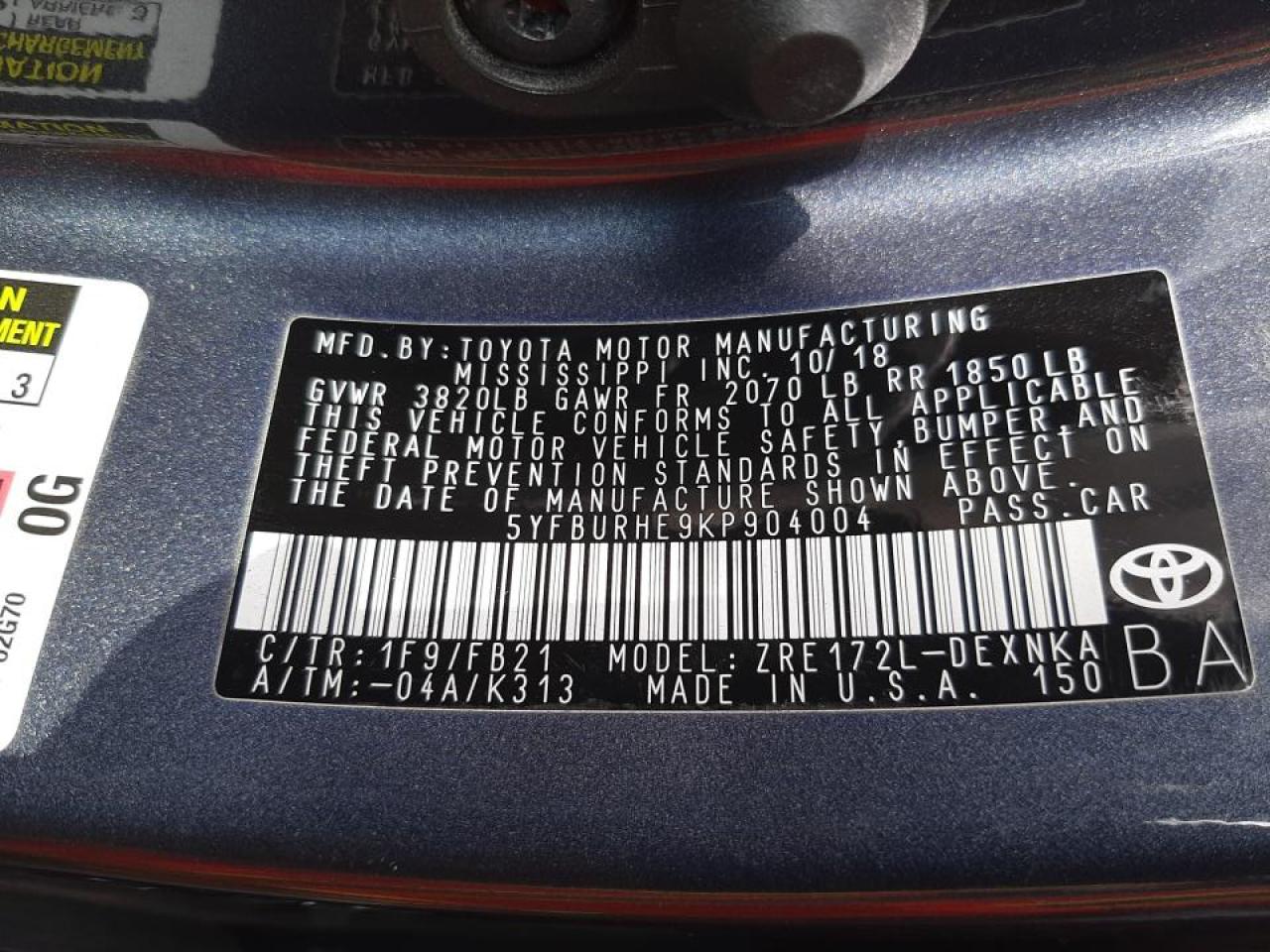 Photo 10 from auction – 2019 TOYOTA COROLLA L with VIN 5YFBURHE9KP904004
