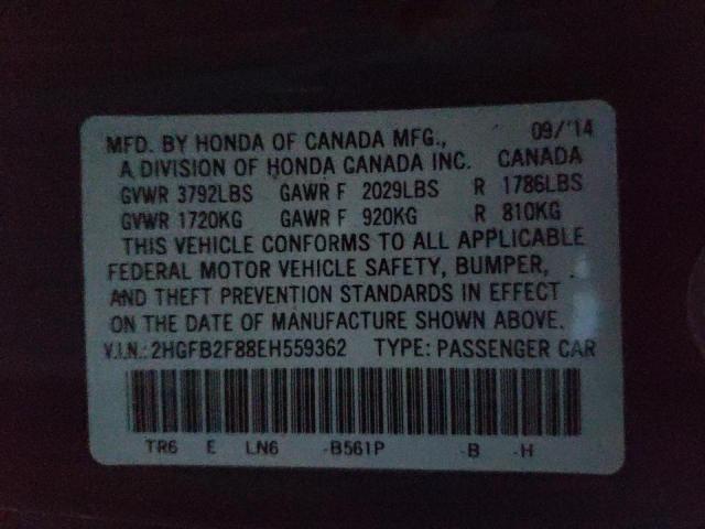 Photo 10 from auction – 2014 HONDA CIVIC EX with VIN 2HGFB2F88EH559362