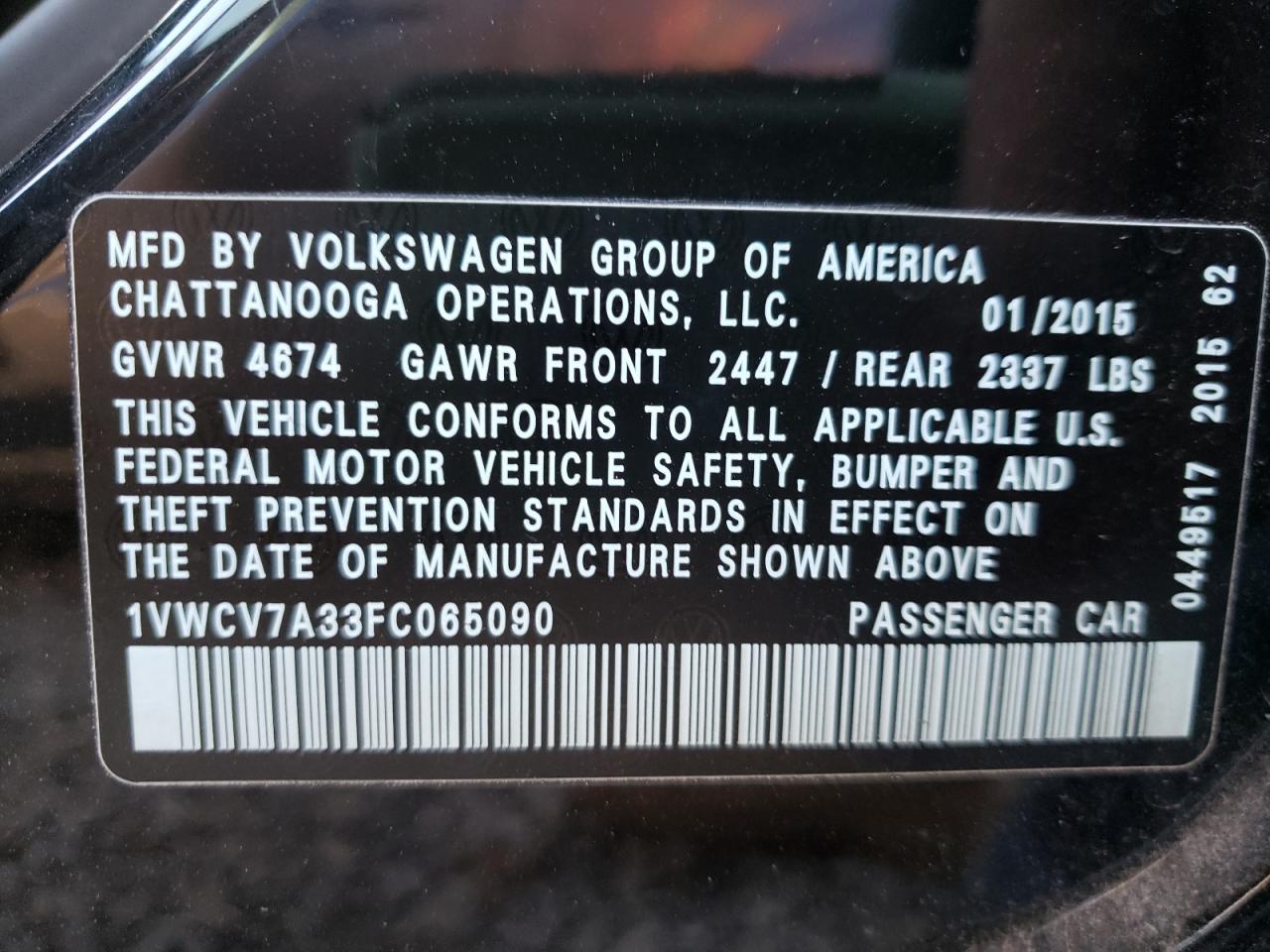 Photo 10 from auction – 2015 VOLKSWAGEN PASSAT SEL with VIN 1VWCV7A33FC065090