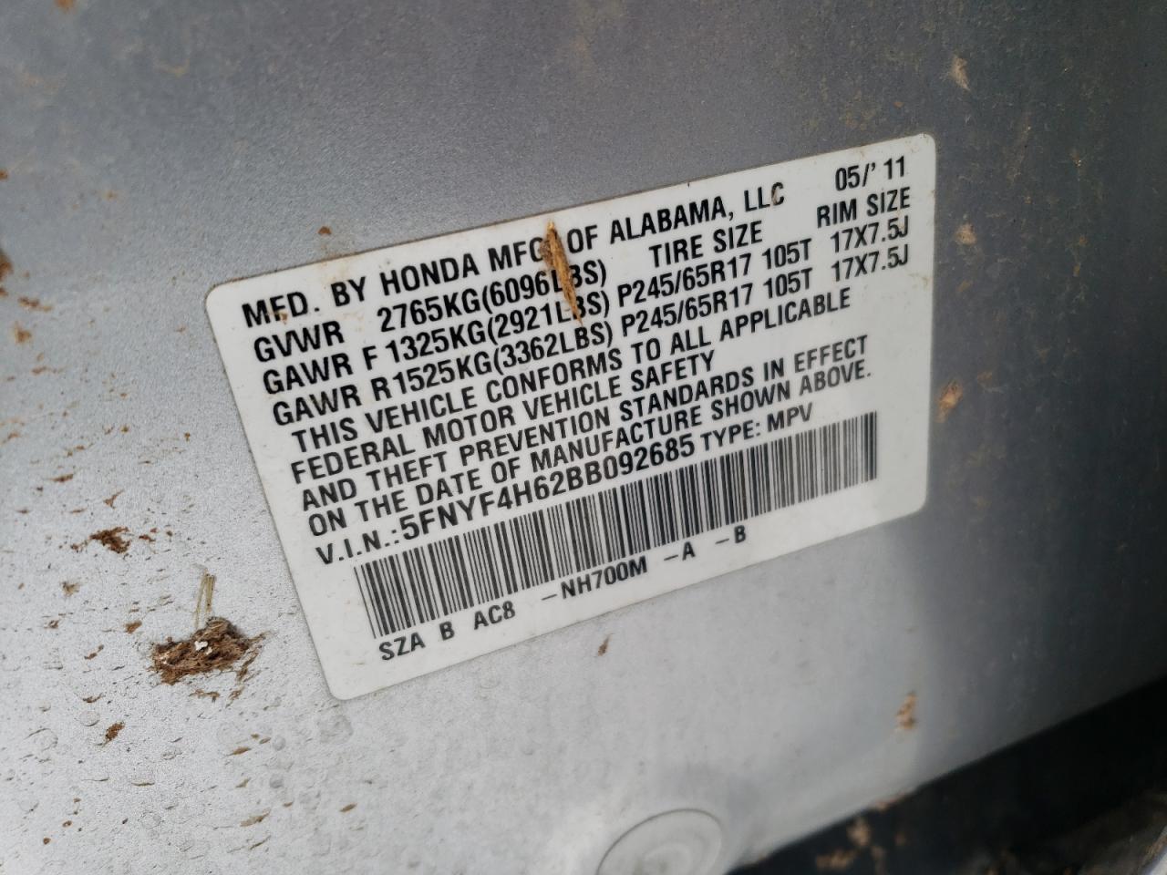 Photo 10 from auction – 2011 HONDA PILOT EXL with VIN 5FNYF4H62BB092685
