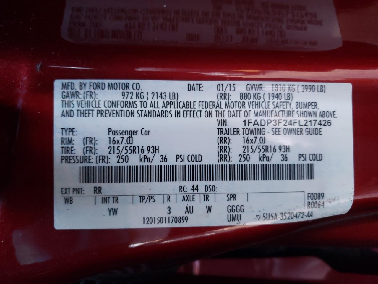 Photo 10 from auction – 2015 FORD FOCUS SE with VIN 1FADP3F24FL217426