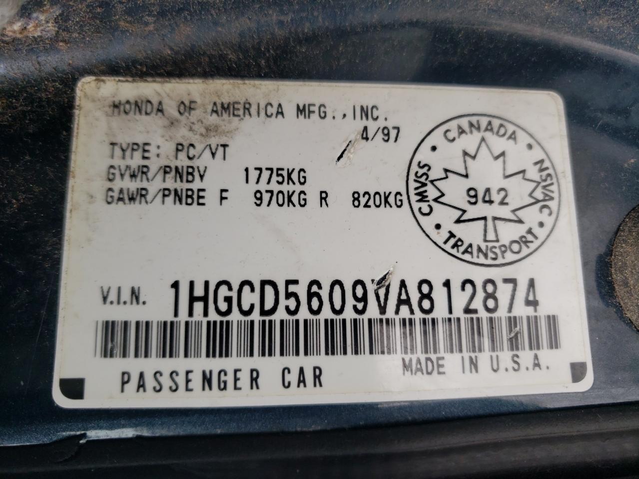 Photo 10 from auction – 1997 HONDA ACCORD SE with VIN 1HGCD5609VA812874