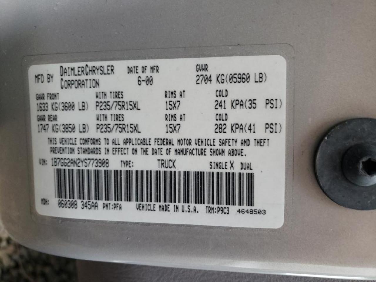 Photo 10 from auction – 2000 DODGE DAKOTA QUA with VIN 1B7GG2AN2YS773908