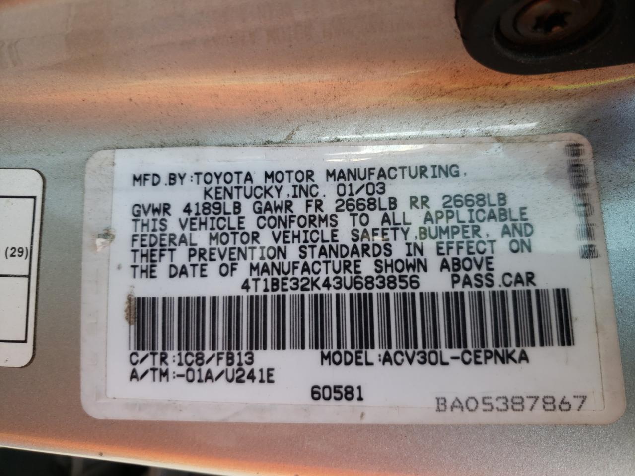 Photo 10 from auction – 2003 TOYOTA CAMRY LE with VIN 4T1BE32K43U683856