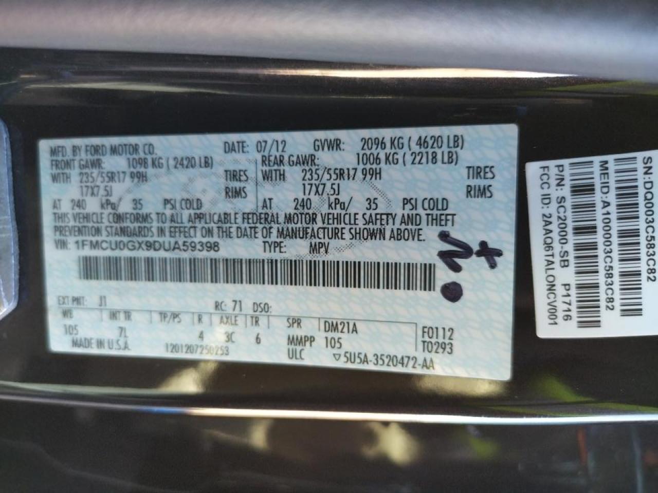 Photo 10 from auction – 2013 FORD ESCAPE SE with VIN 1FMCU0GX9DUA59398