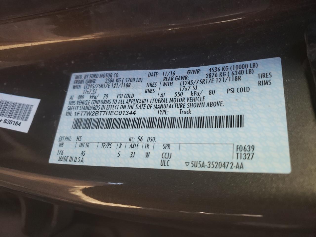 Photo 10 from auction – 2017 FORD F250 SUPER with VIN 1FT7W2BT7HEC01344
