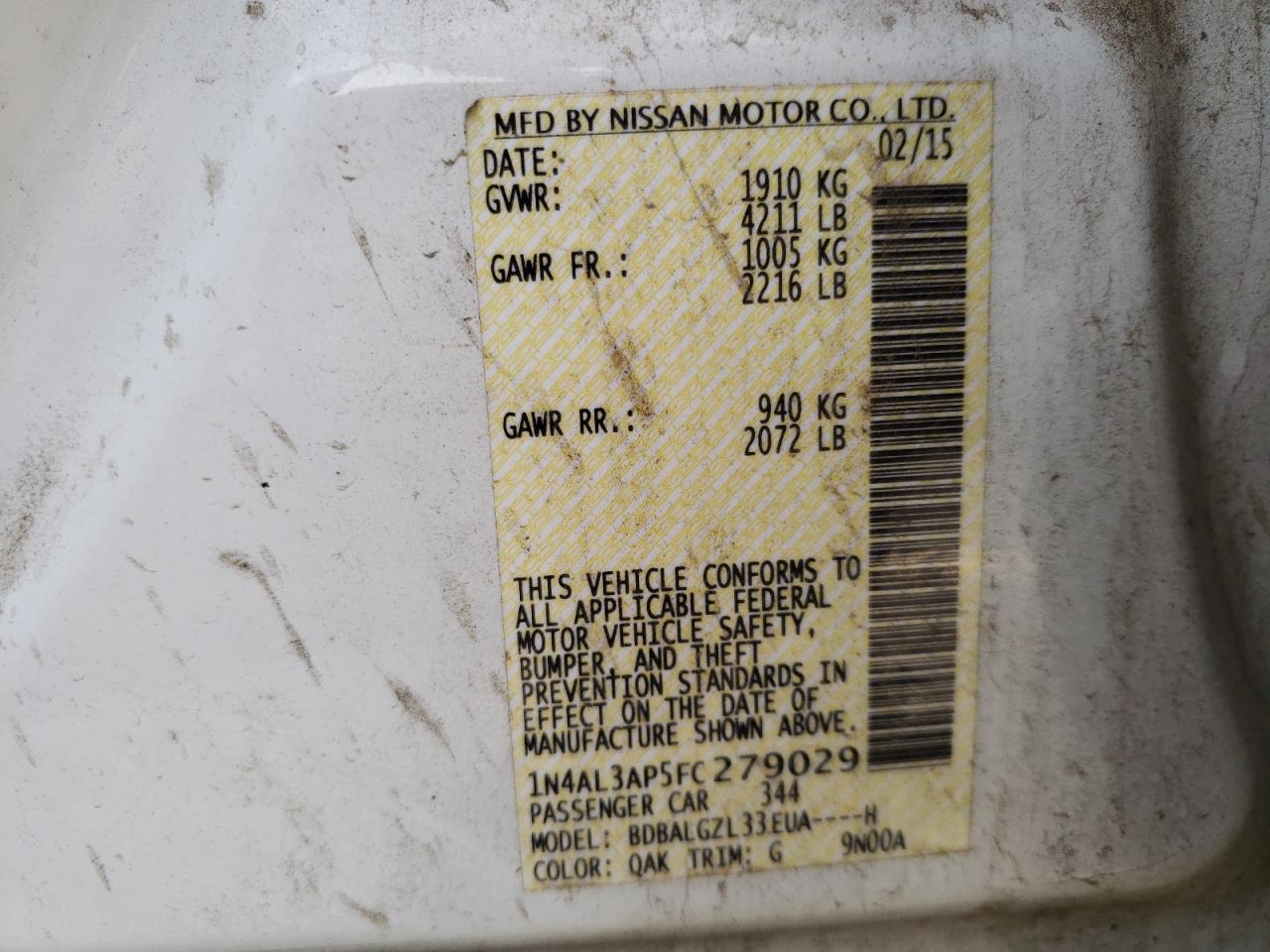 Photo 10 from auction – 2015 NISSAN ALTIMA 2.5 with VIN 1N4AL3AP5FC279029
