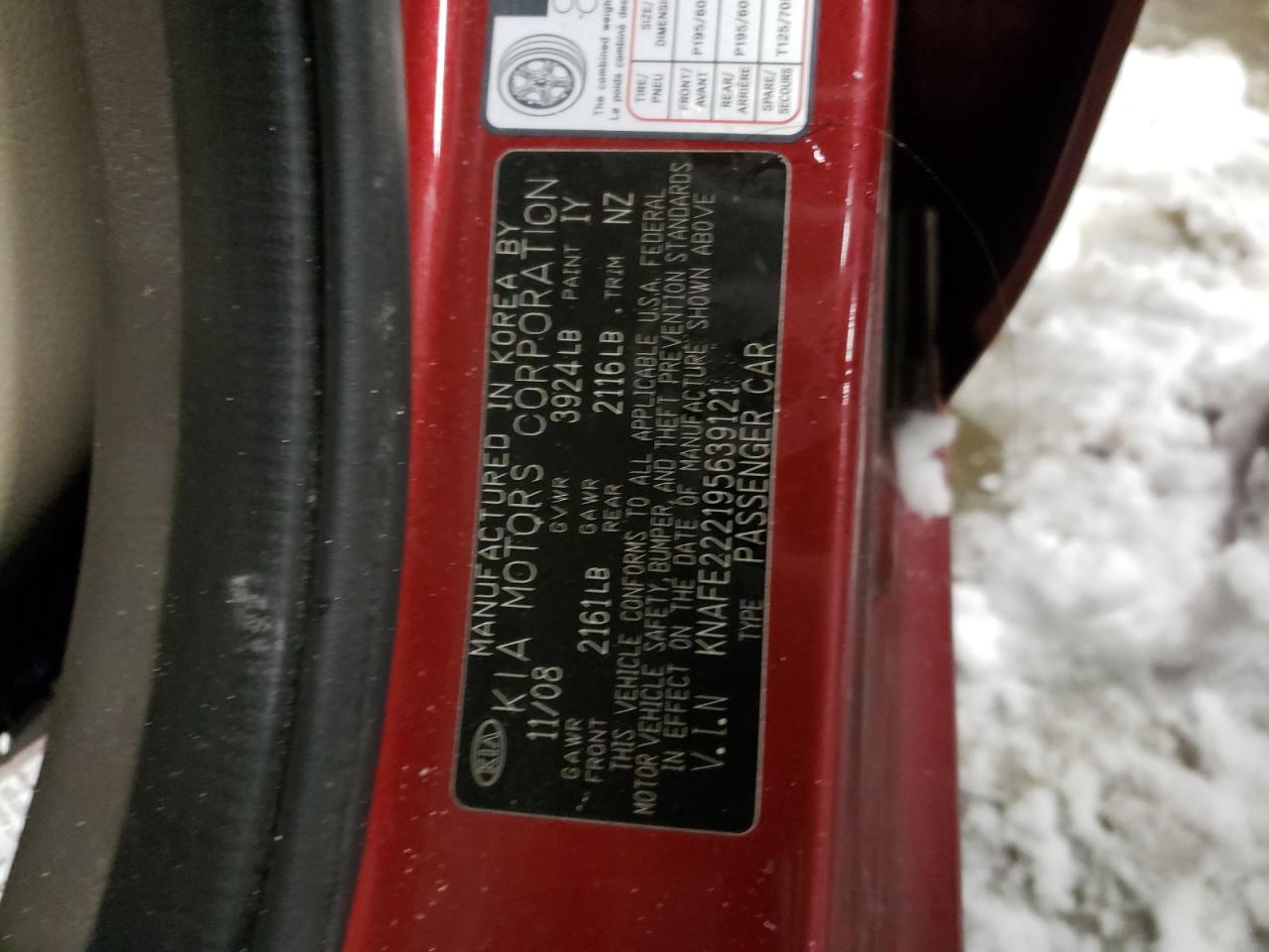 Photo 10 from auction – 2009 KIA SPECTRA EX with VIN KNAFE222195639121