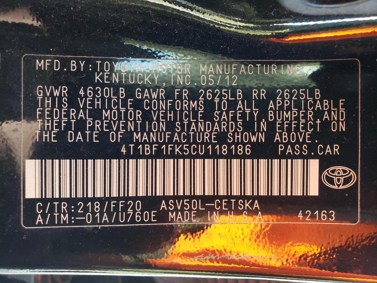 Photo 10 from auction – 2012 TOYOTA CAMRY BASE with VIN 4T1BF1FK5CU118186
