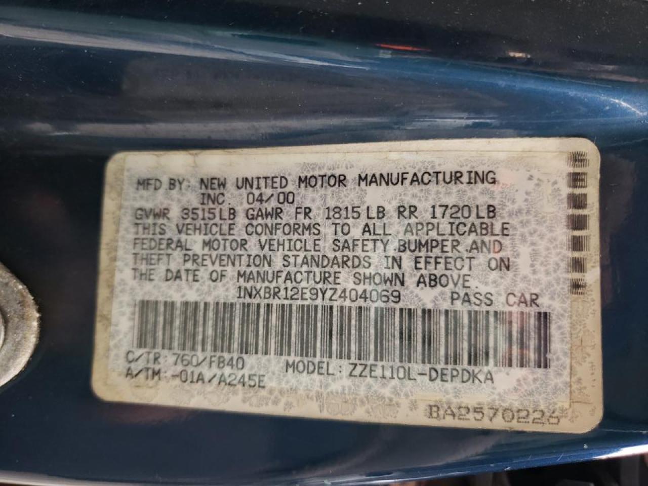 Photo 10 from auction – 2000 TOYOTA COROLLA VE with VIN 1NXBR12E9YZ404069