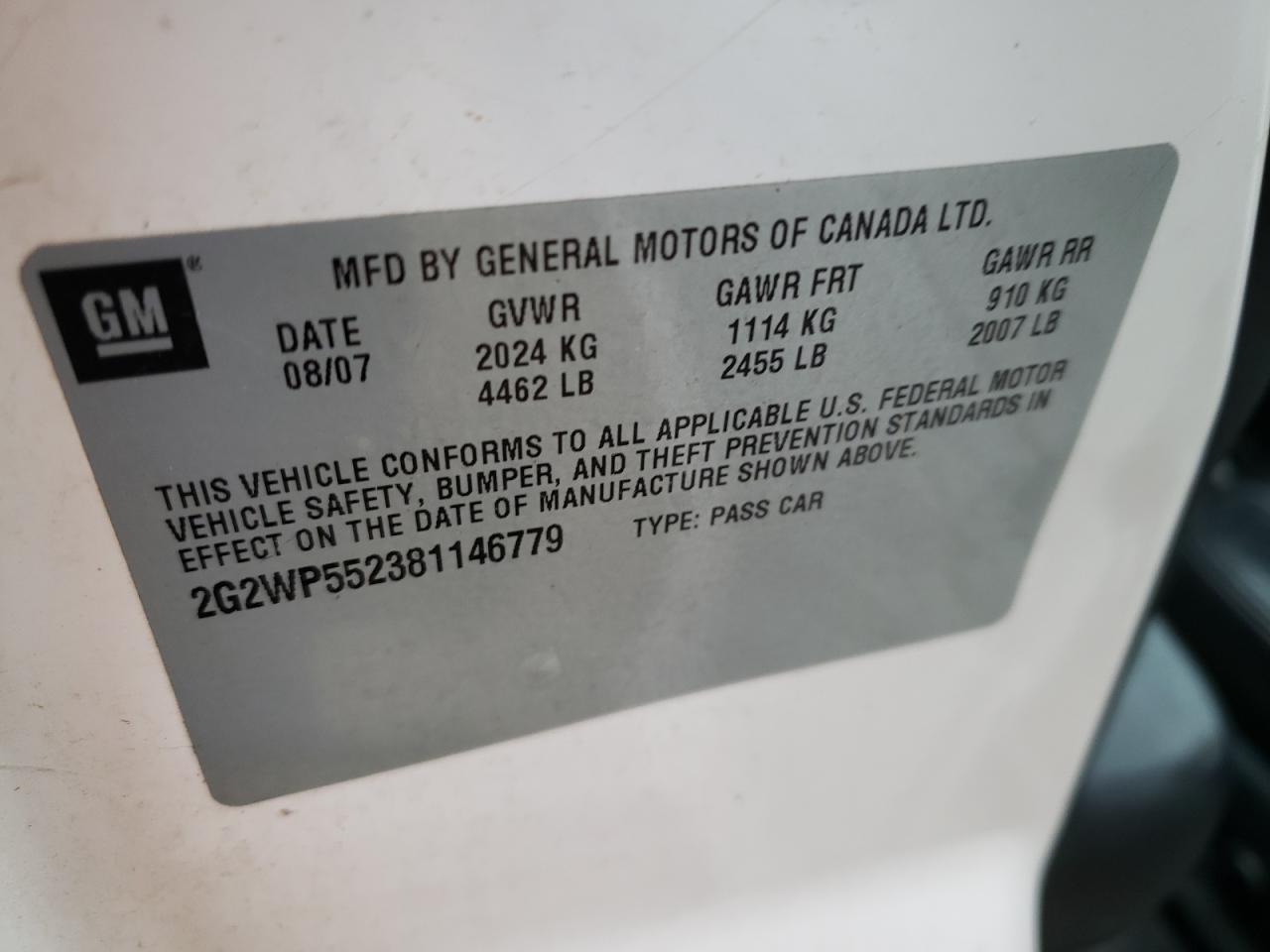 Photo 10 from auction – 2008 PONTIAC GRAND PRIX with VIN 2G2WP552381146779