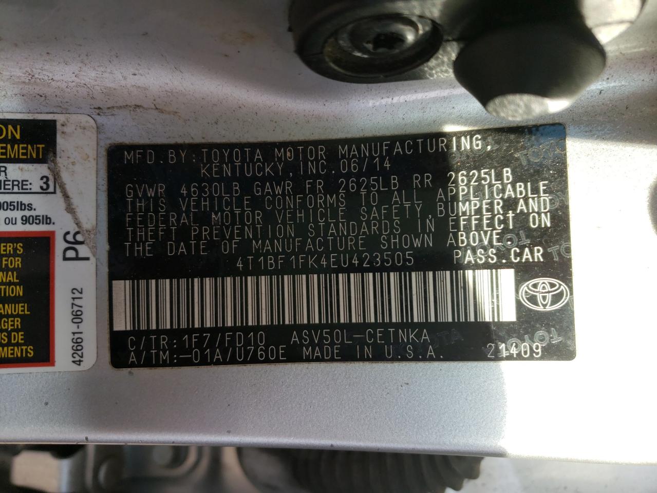 Photo 10 from auction – 2014 TOYOTA CAMRY L with VIN 4T1BF1FK4EU423505