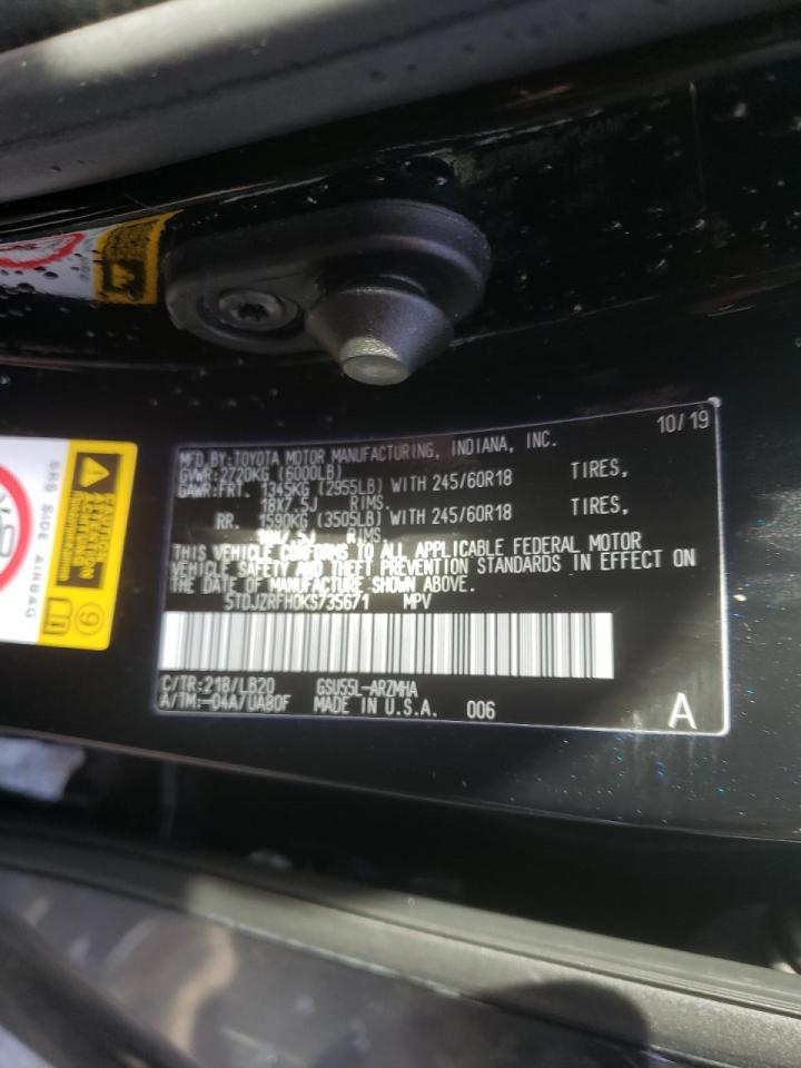 Photo 10 from auction – 2019 TOYOTA HIGHLANDER with VIN 5TDJZRFH0KS735671