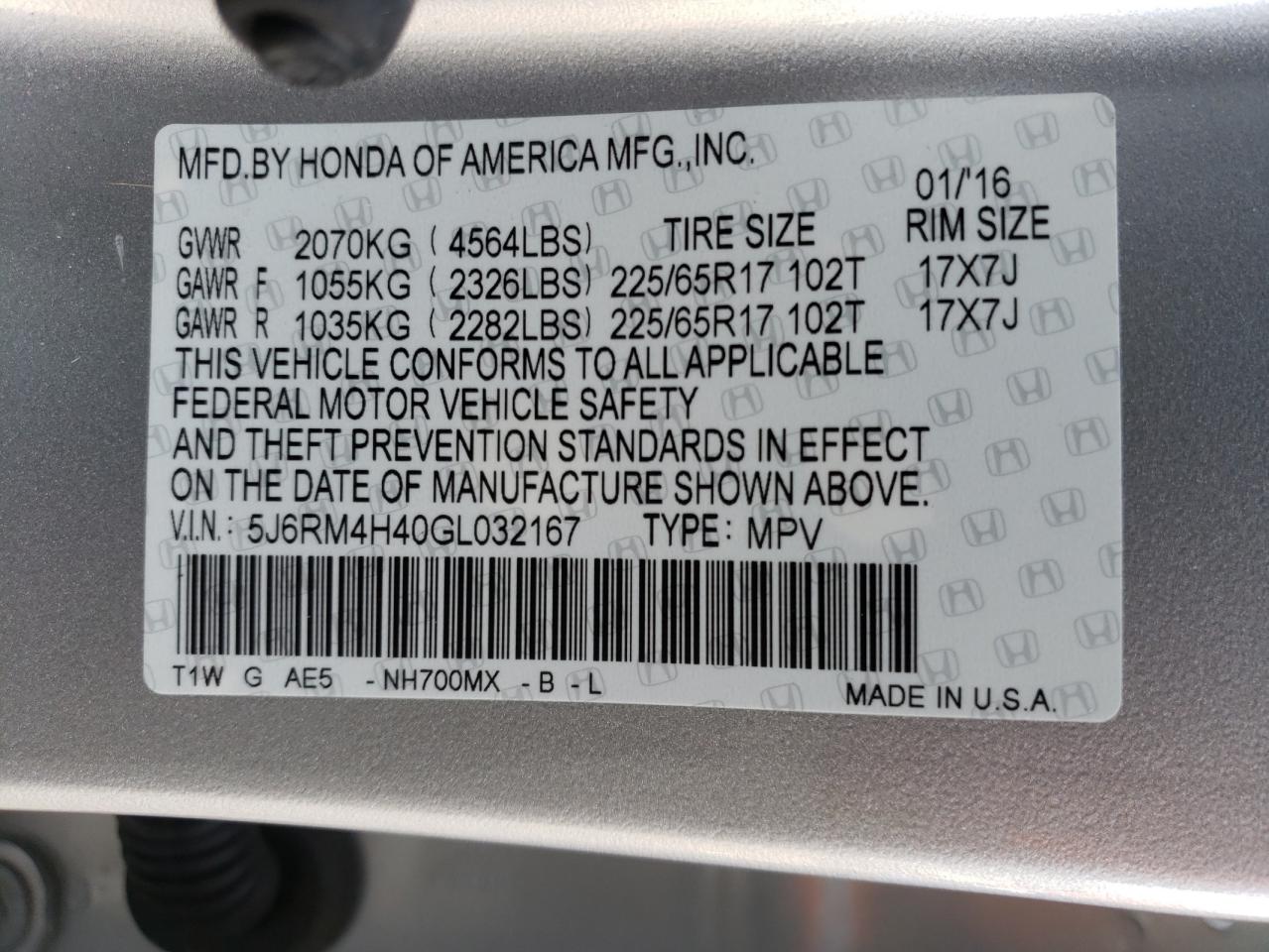 Photo 10 from auction – 2016 HONDA CR-V SE with VIN 5J6RM4H40GL032167