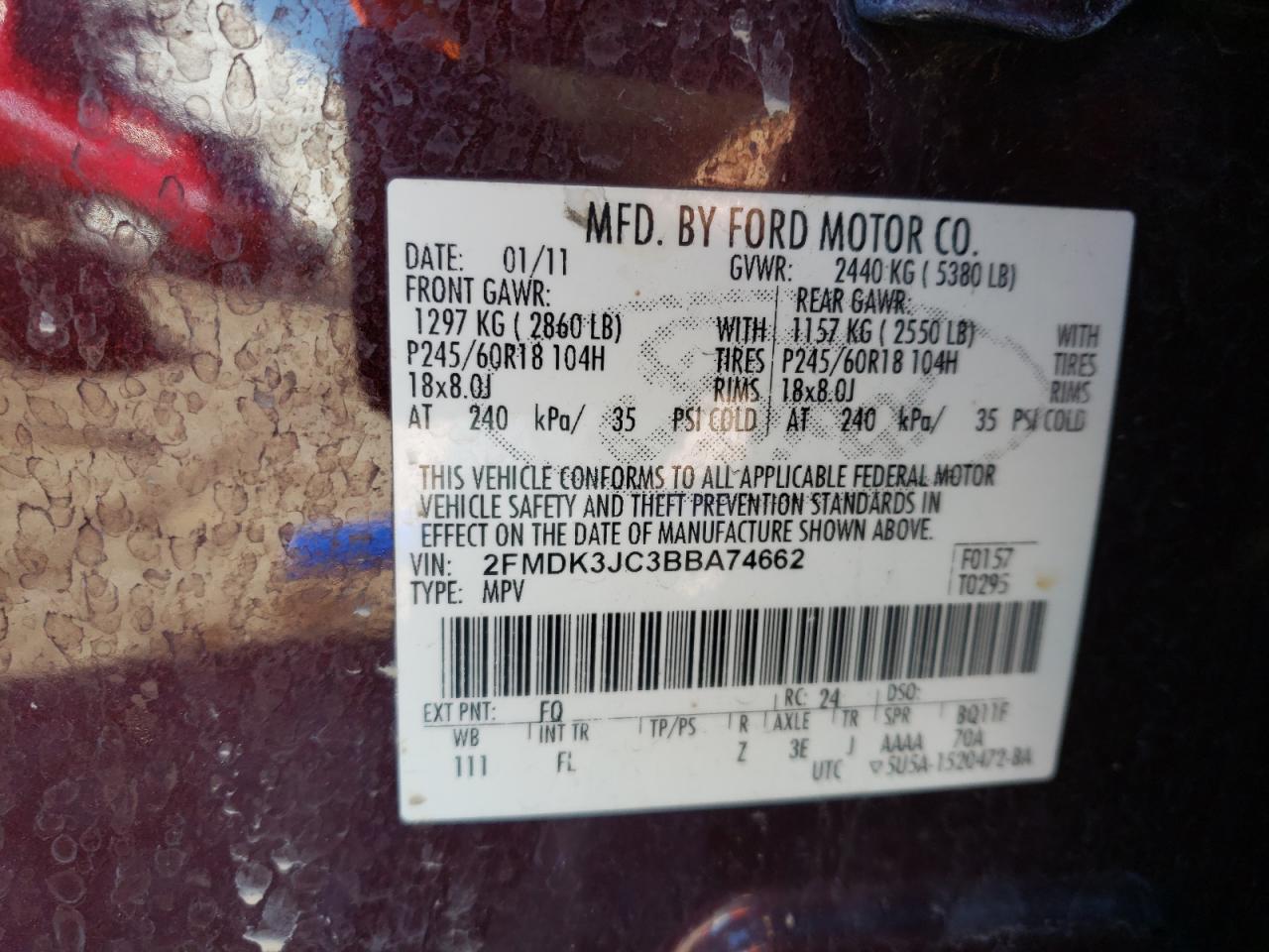Photo 10 from auction – 2011 FORD EDGE SEL with VIN 2FMDK3JC3BBA74662