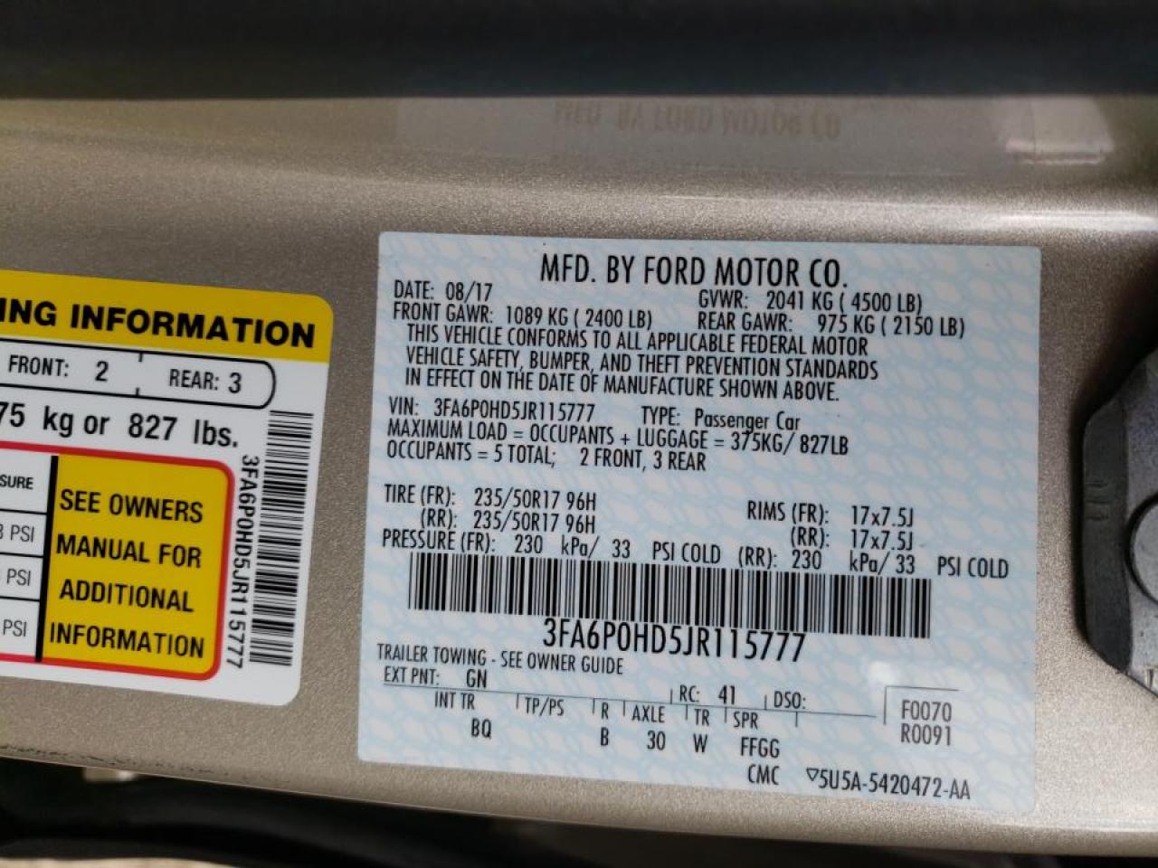 Photo 10 from auction – 2018 FORD FUSION SE with VIN 3FA6P0HD5JR115777
