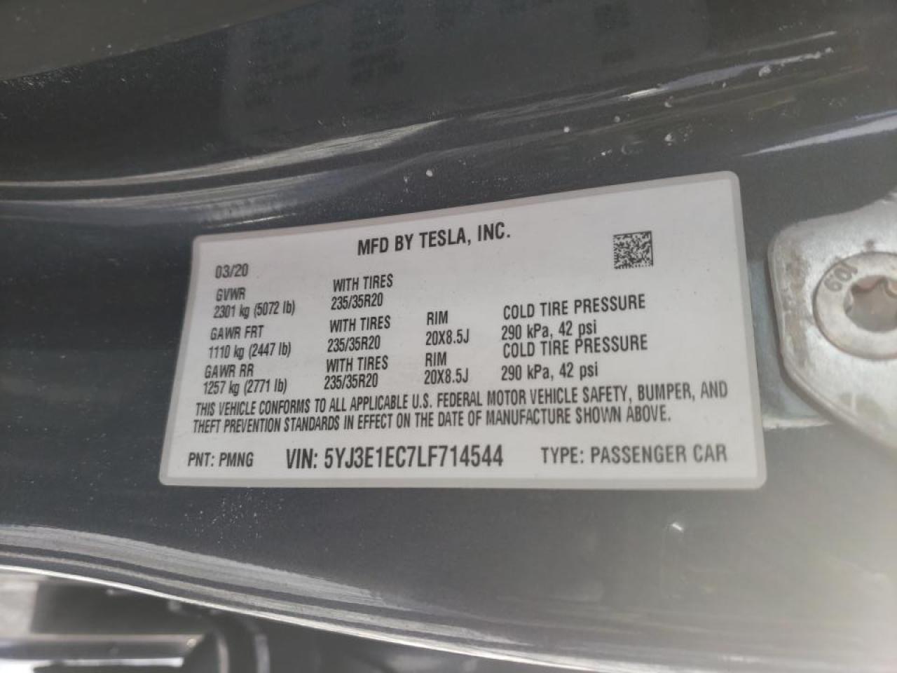 Photo 10 from auction – 2020 TESLA MODEL 3 with VIN 5YJ3E1EC7LF714544