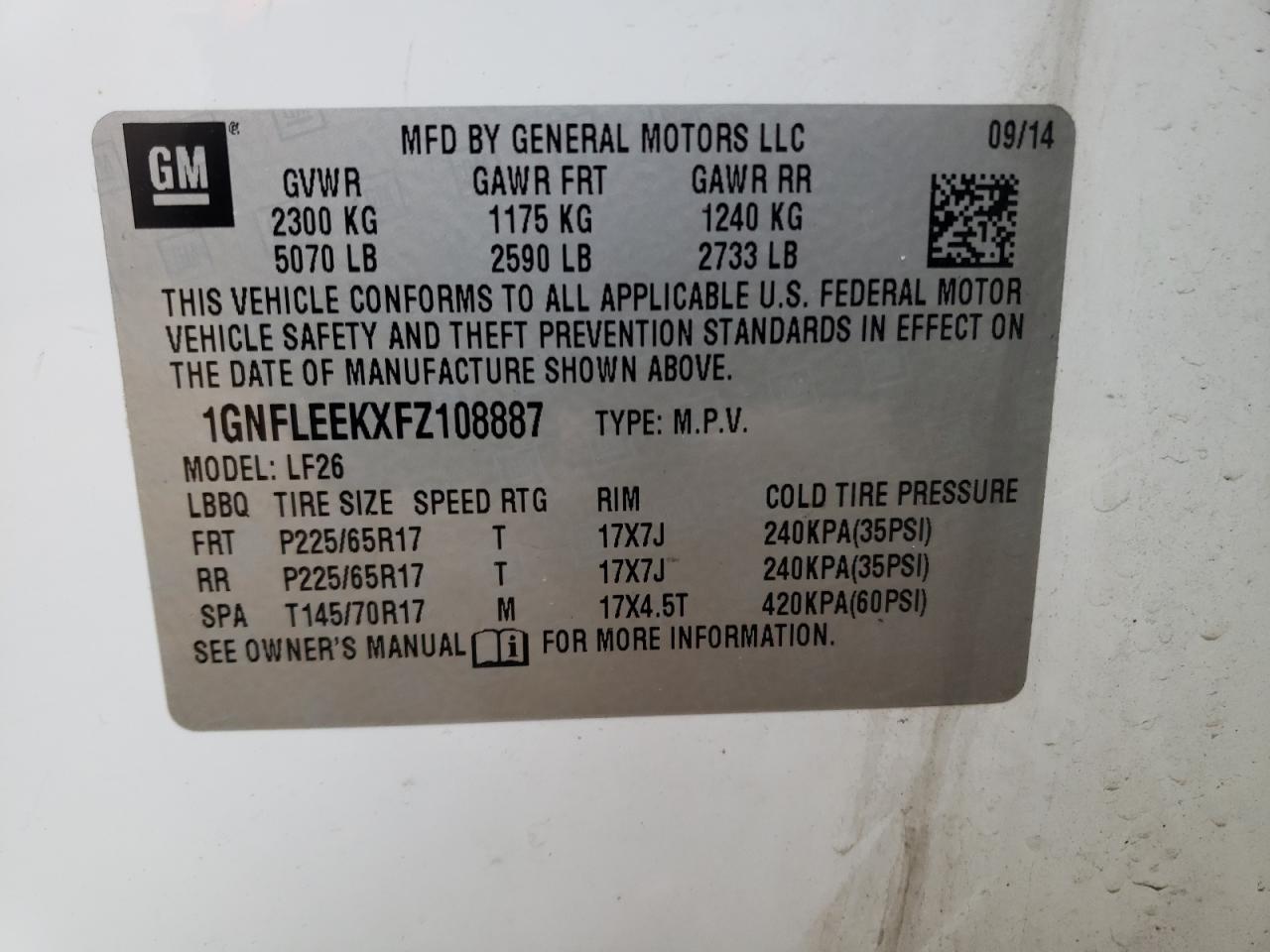 Photo 10 from auction – 2015 CHEVROLET EQUINOX LS with VIN 1GNFLEEKXFZ108887