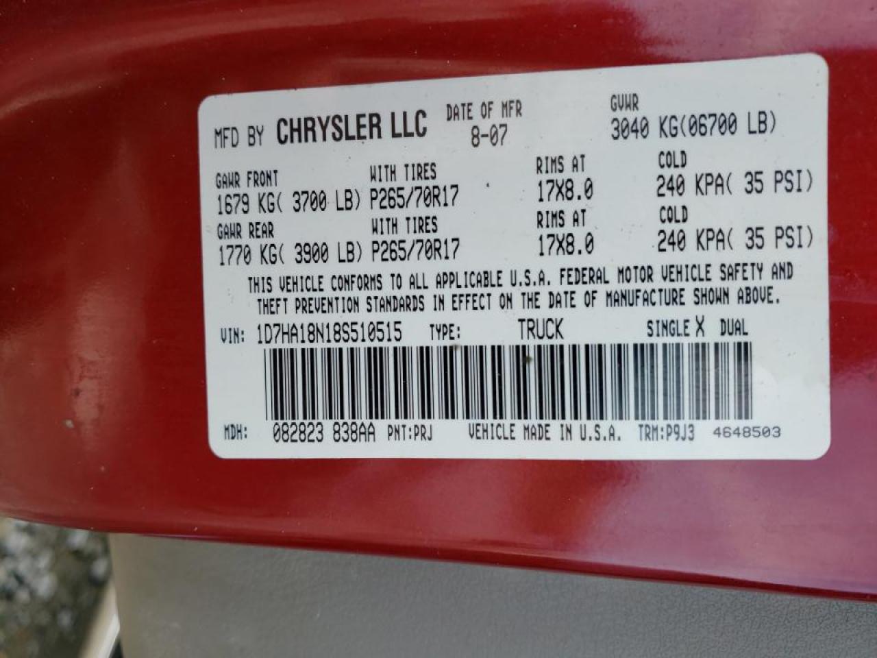 Photo 10 from auction – 2008 DODGE RAM 1500 S with VIN 1D7HA18N18S510515