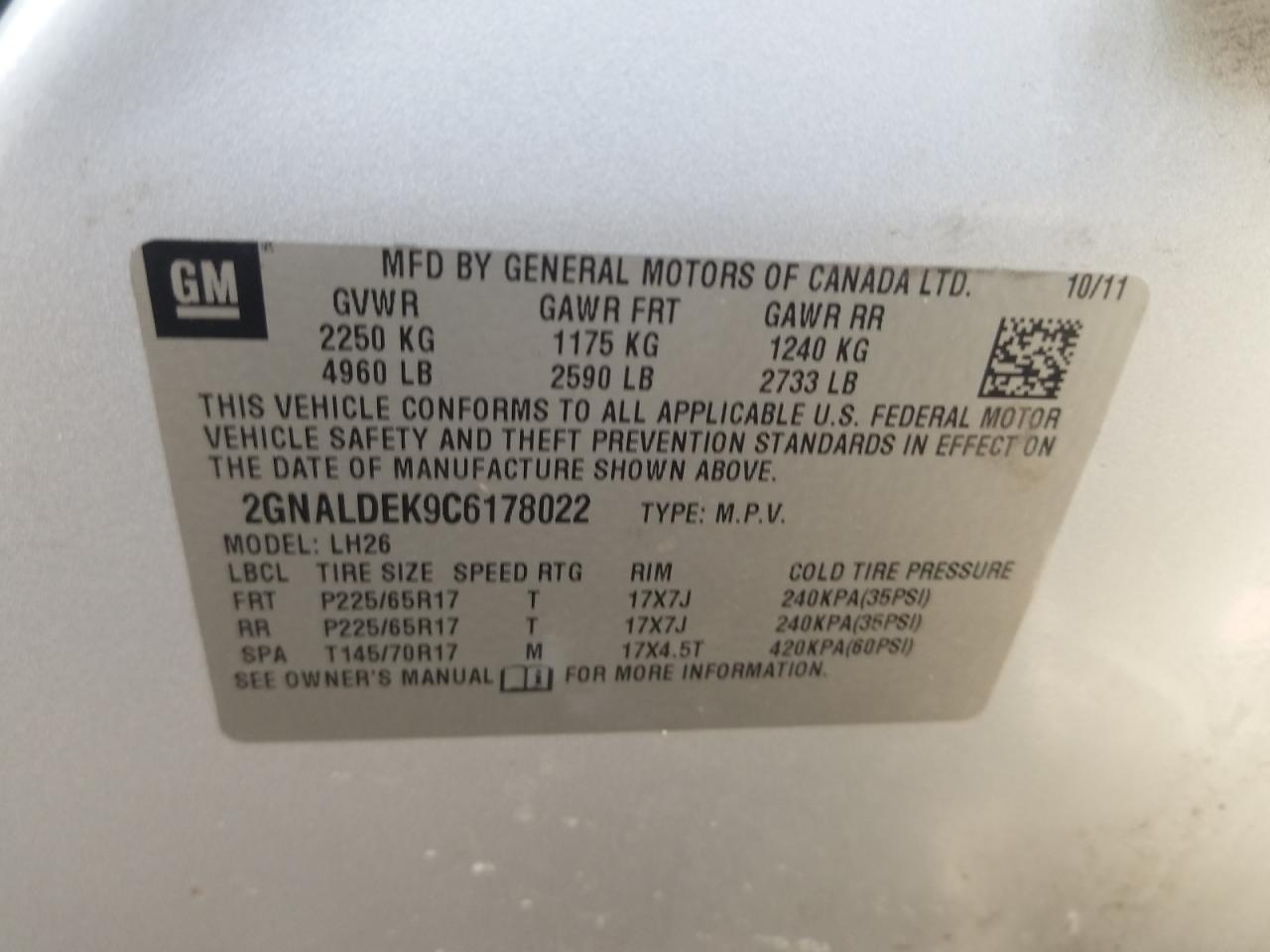 Photo 10 from auction – 2012 CHEVROLET EQUINOX LT with VIN 2GNALDEK9C6178022