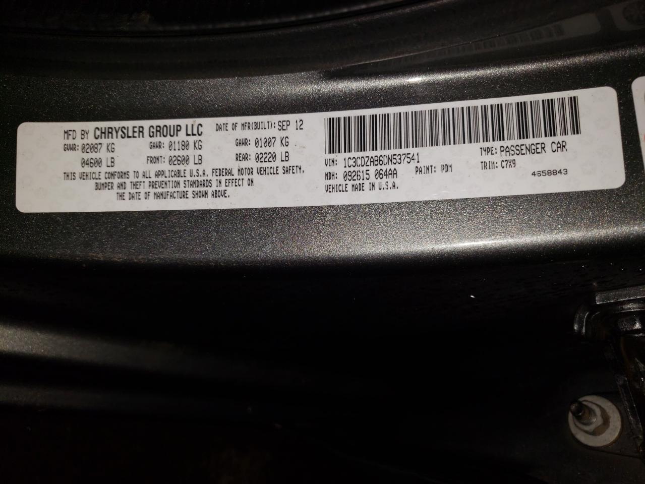 Photo 10 from auction – 2013 DODGE AVENGER SE with VIN 1C3CDZAB6DN537541