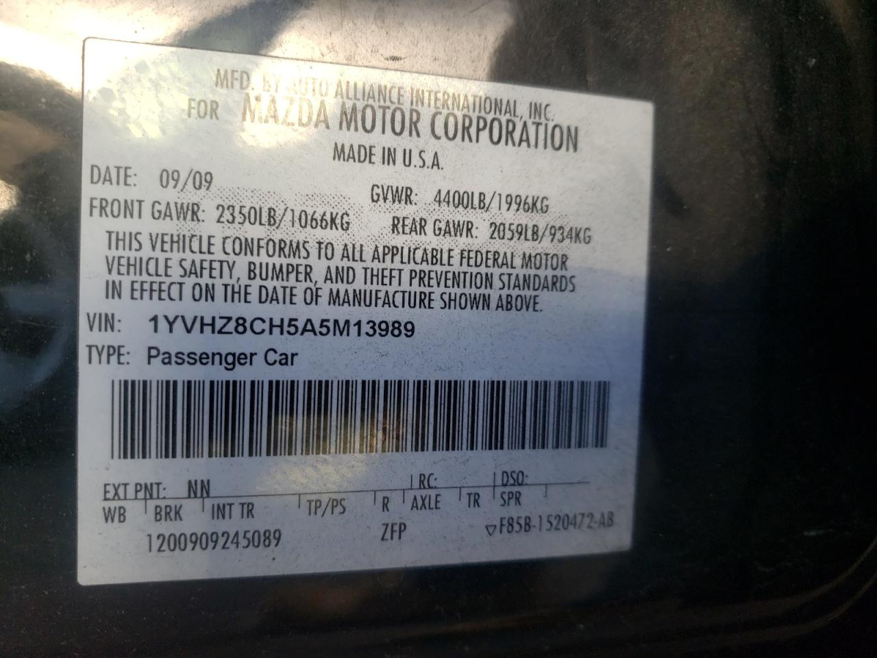 Photo 10 from auction – 2010 MAZDA 6 I with VIN 1YVHZ8CH5A5M13989