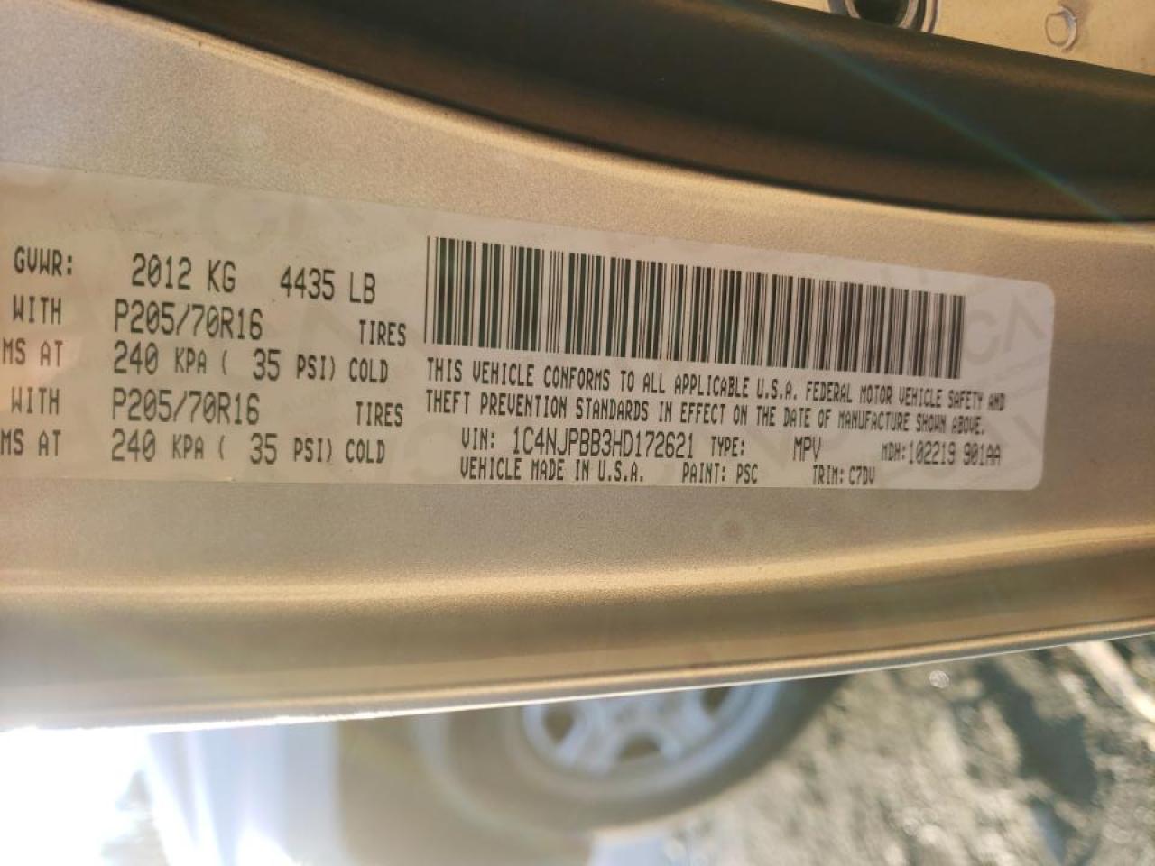 Photo 10 from auction – 2017 JEEP PATRIOT SP with VIN 1C4NJPBB3HD172621