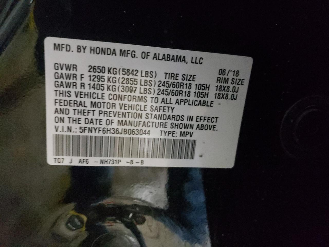 Photo 10 from auction – 2018 HONDA PILOT EX with VIN 5FNYF6H36JB063044
