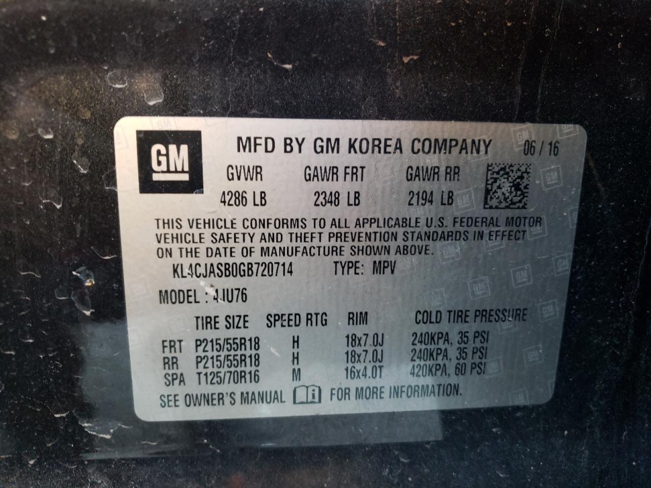 Photo 10 from auction – 2016 BUICK ENCORE with VIN KL4CJASB0GB720714