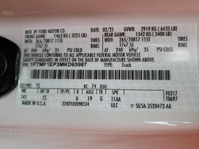 Photo 10 from auction – 2021 FORD F150 with VIN 1FTMF1EP3MKD65987