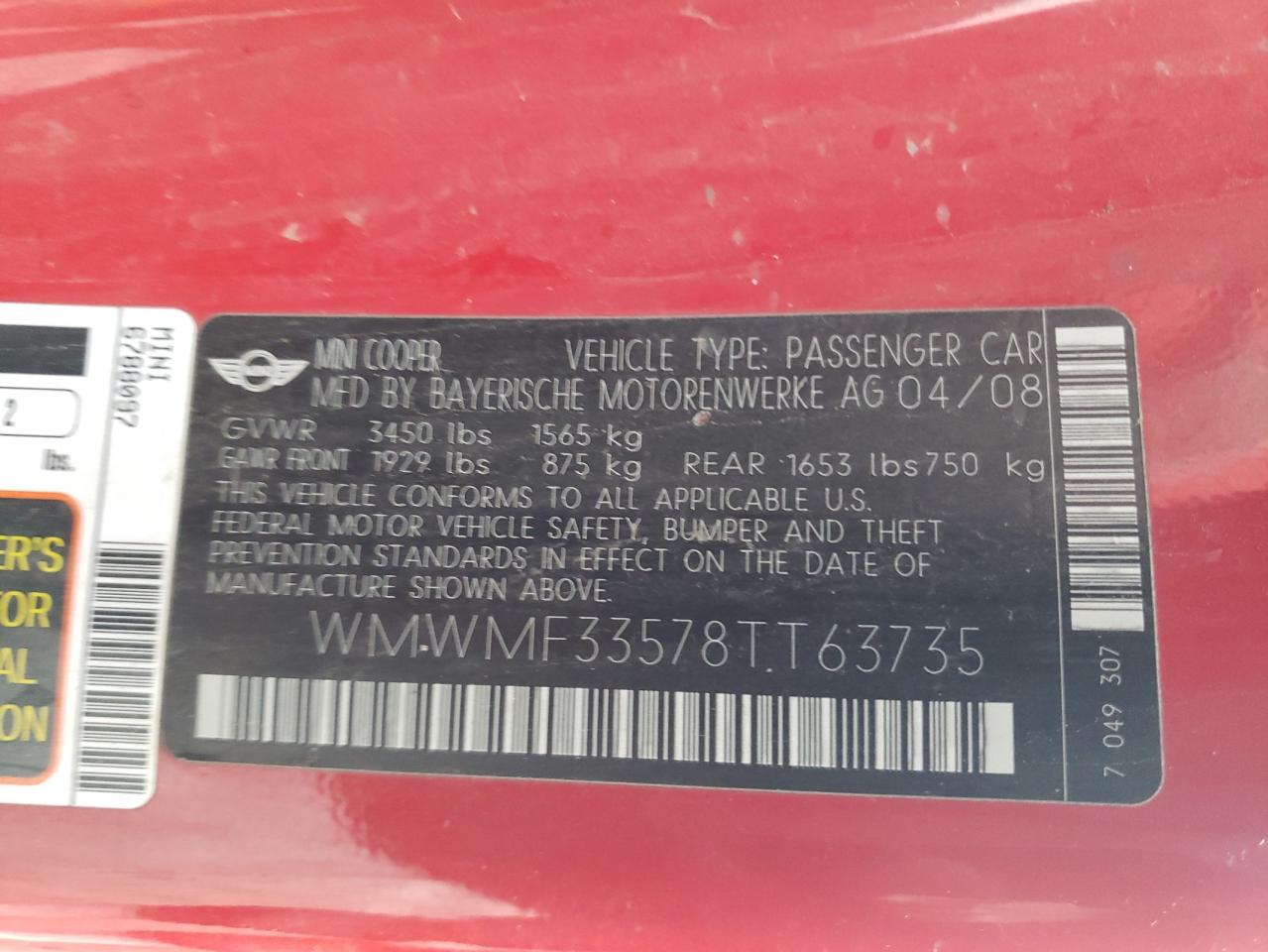 Photo 10 from auction – 2008 MINI COOPER with VIN WMWMF33578TT63735