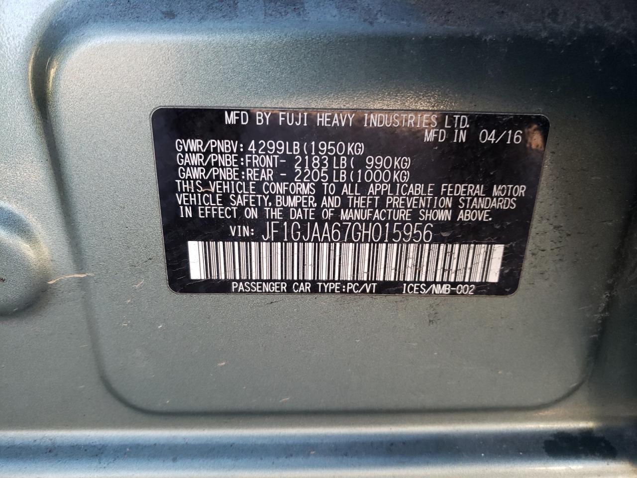 Photo 10 from auction – 2016 SUBARU IMPREZA with VIN JF1GJAA67GH015956