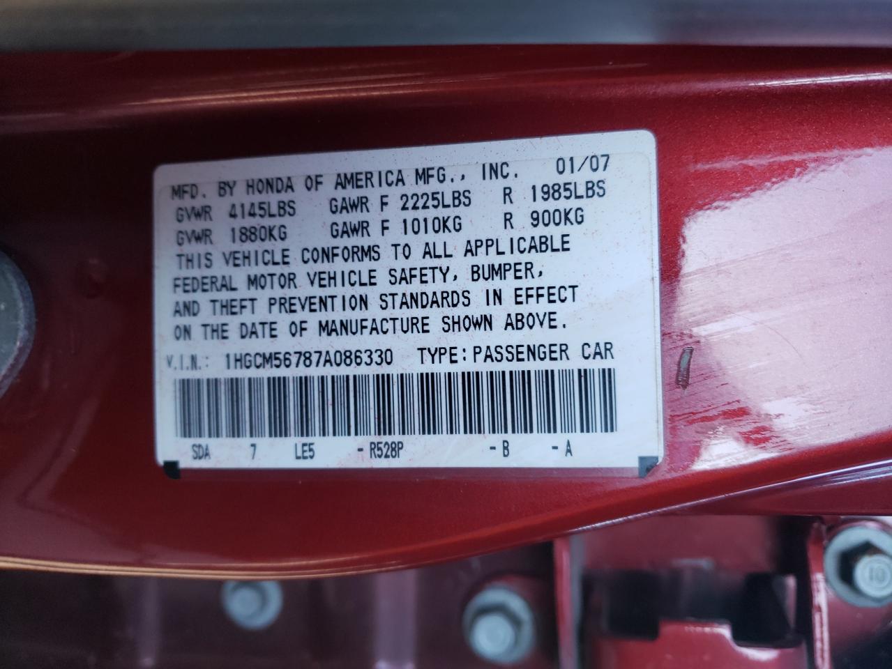 Photo 10 from auction – 2007 HONDA ACCORD with VIN 1HGCM56787A086330