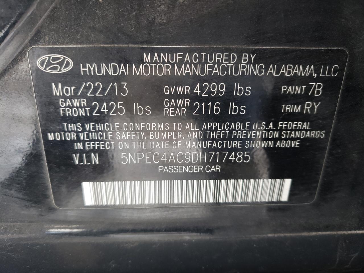 Photo 10 from auction – 2013 HYUNDAI SONATA SE with VIN 5NPEC4AC9DH717485