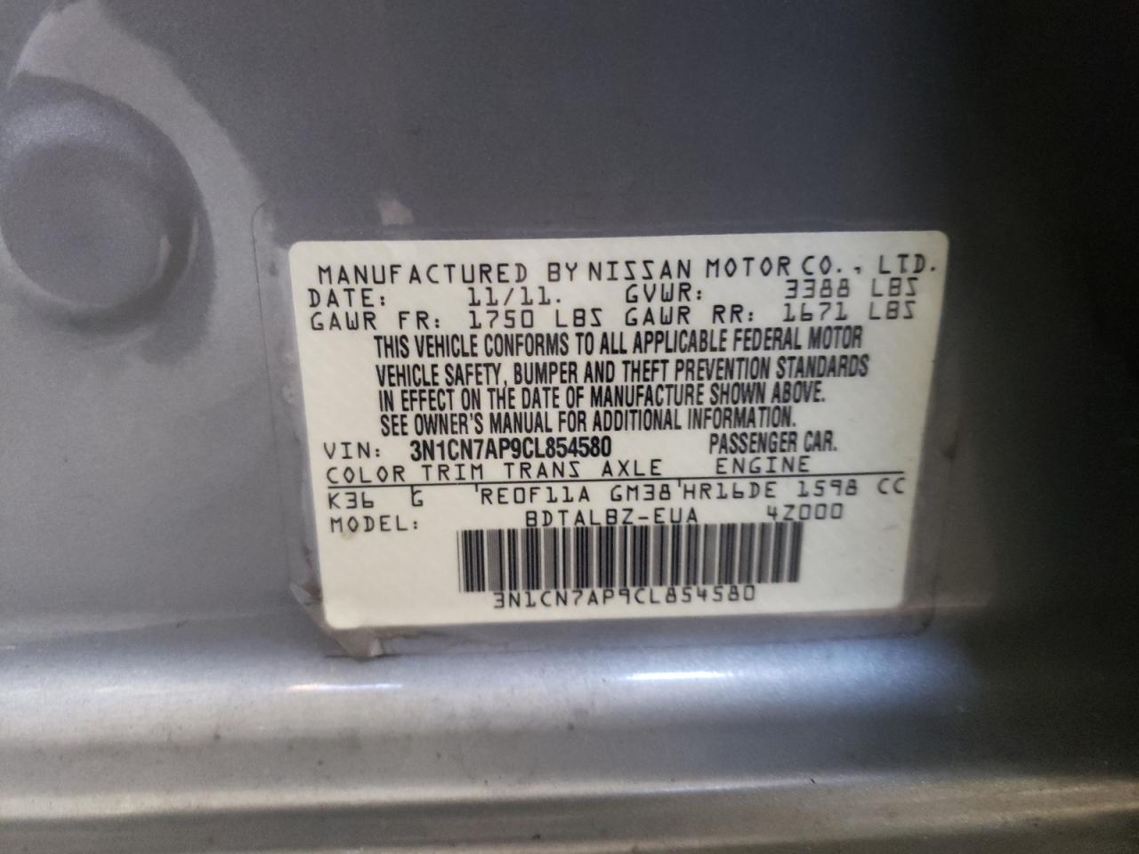 Photo 10 from auction – 2012 NISSAN VERSA S with VIN 3N1CN7AP9CL854580