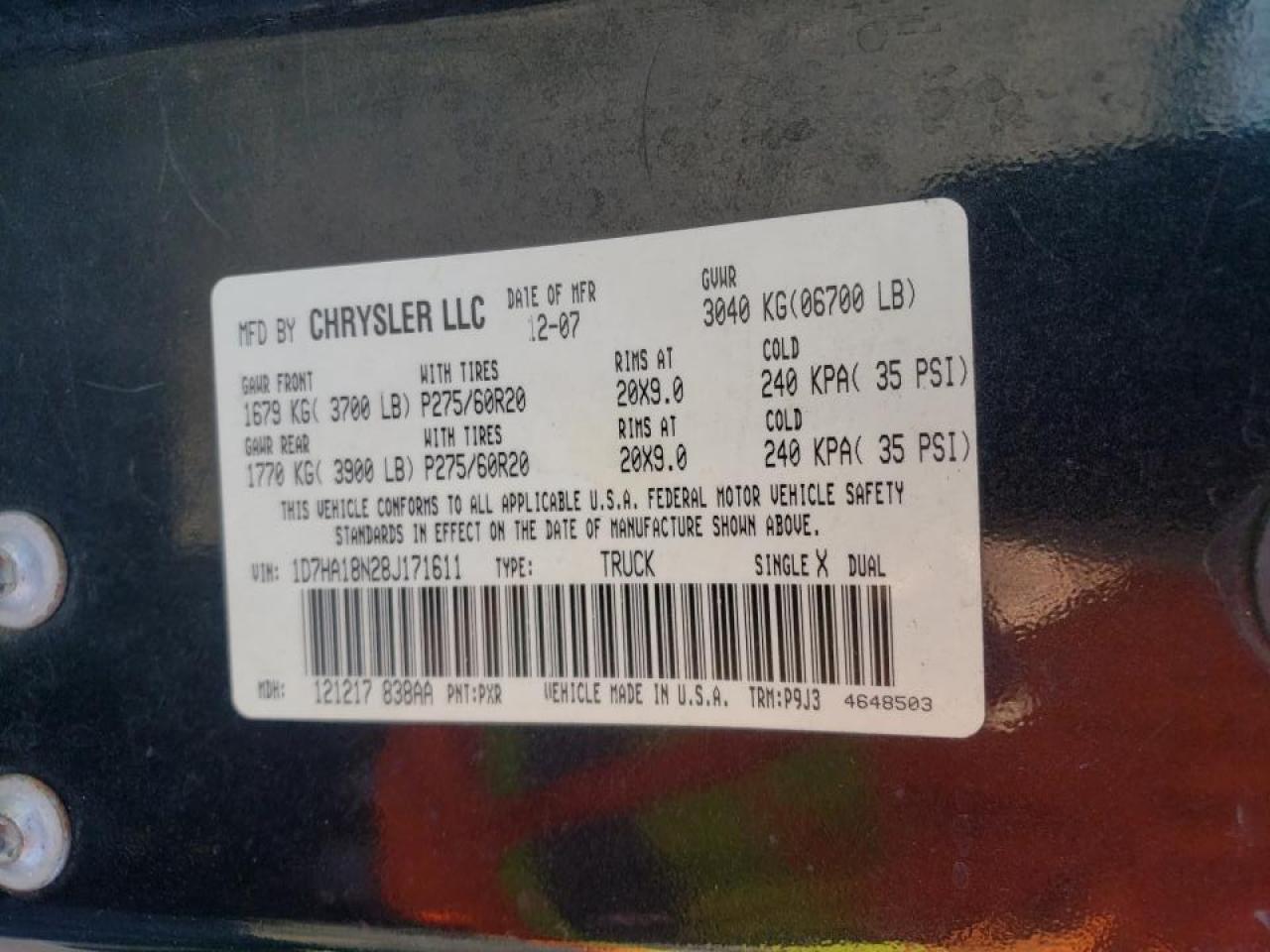 Photo 10 from auction – 2008 DODGE RAM 1500 S with VIN 1D7HA18N28J171611