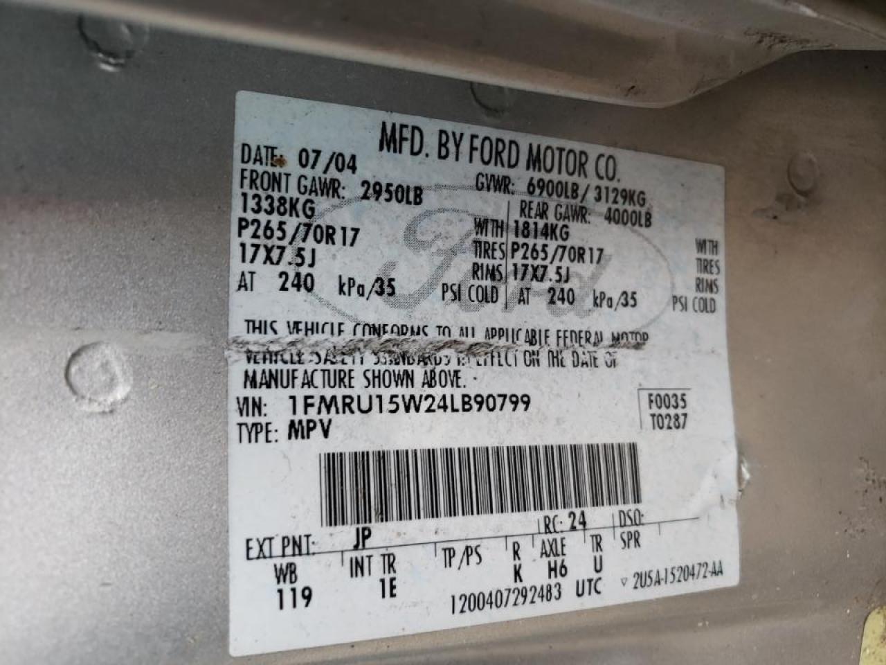 Photo 10 from auction – 2004 FORD EXPEDITION with VIN 1FMRU15W24LB90799