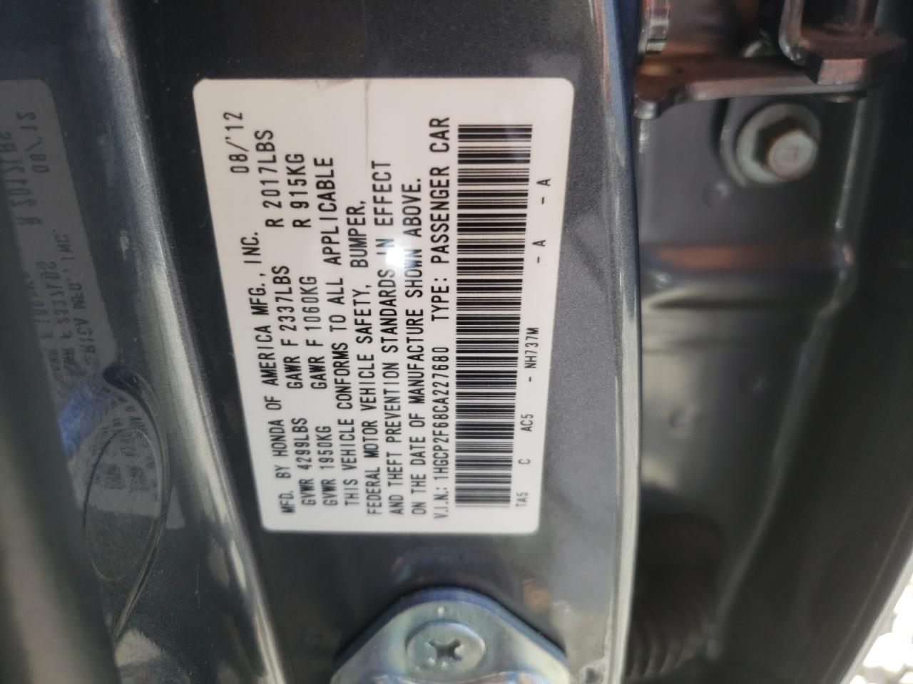 Photo 10 from auction – 2012 HONDA ACCORD SE with VIN 1HGCP2F68CA227680