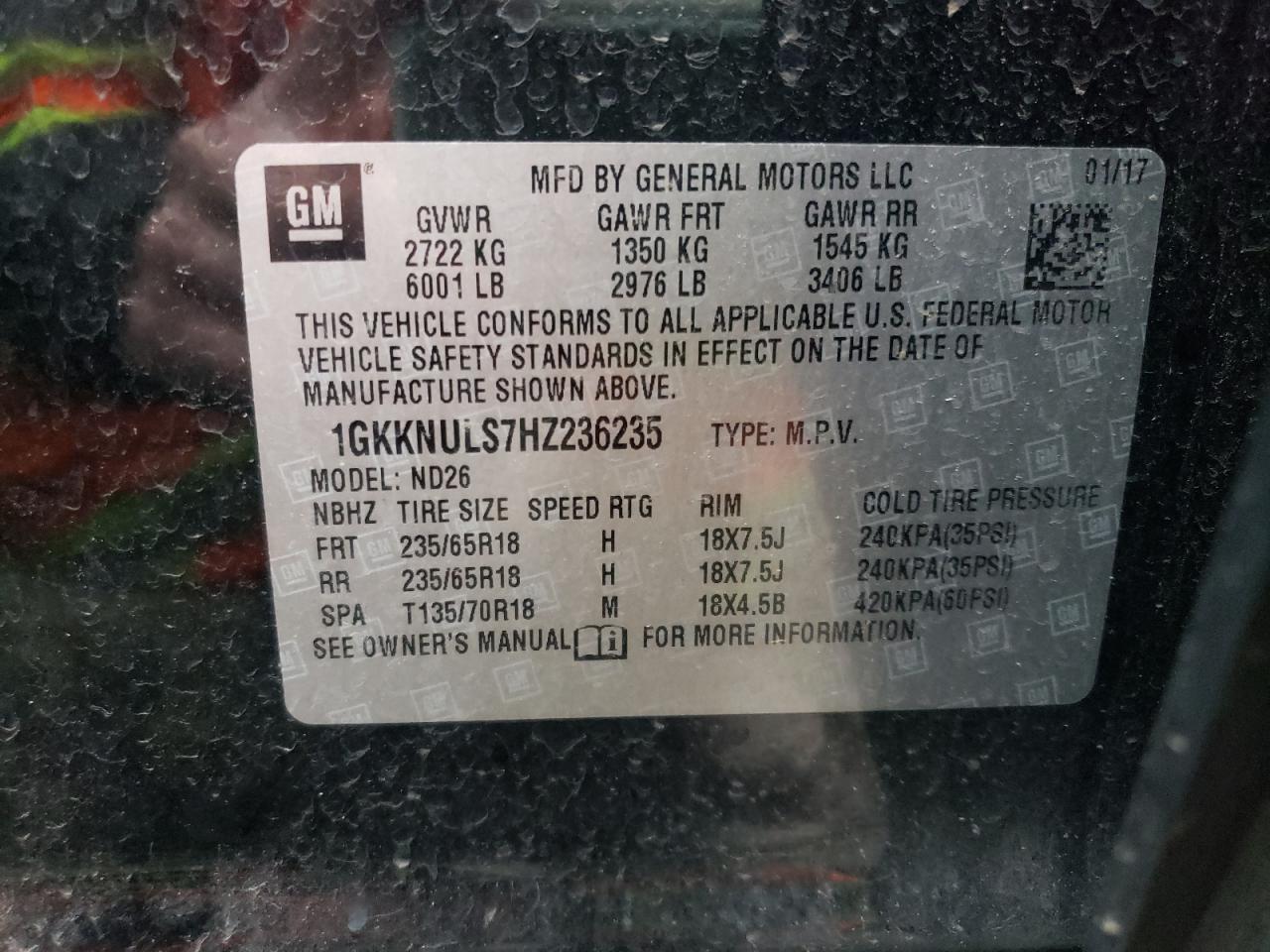 Photo 10 from auction – 2017 GMC ACADIA SLT with VIN 1GKKNULS7HZ236235