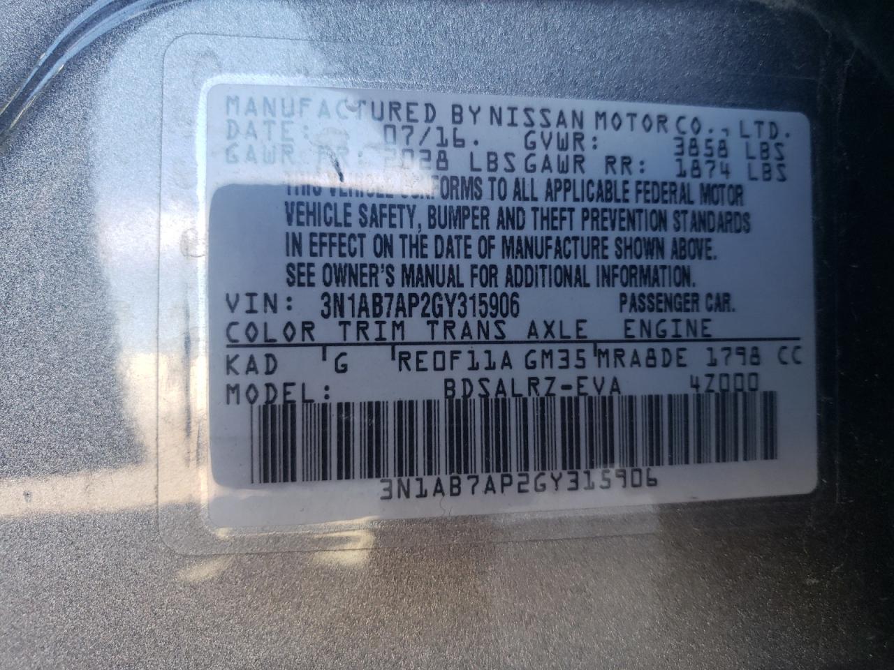 Photo 10 from auction – 2016 NISSAN SENTRA S with VIN 3N1AB7AP2GY315906