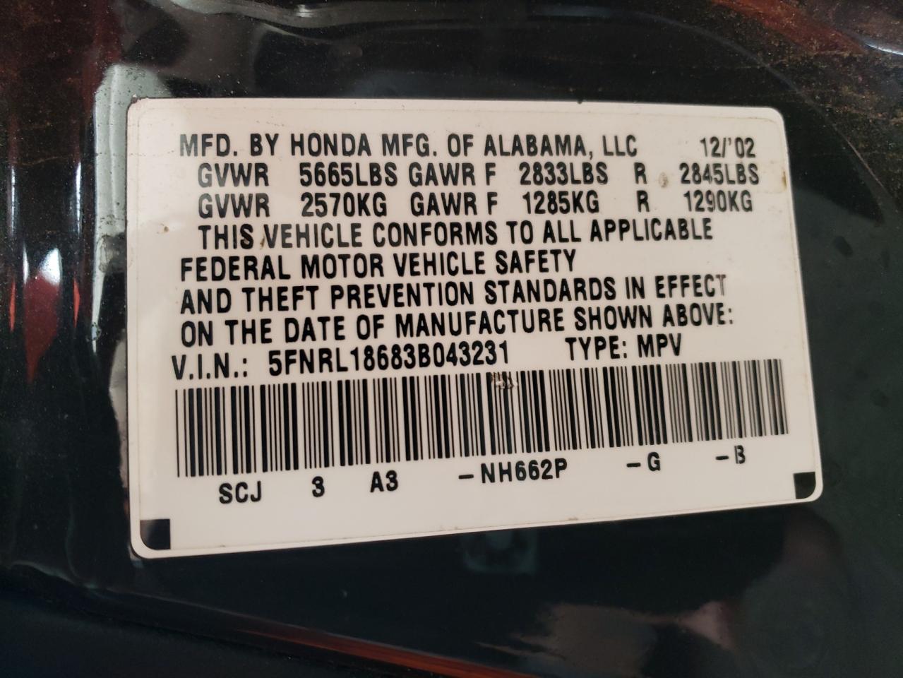 Photo 10 from auction – 2003 HONDA ODYSSEY EX with VIN 5FNRL18683B043231