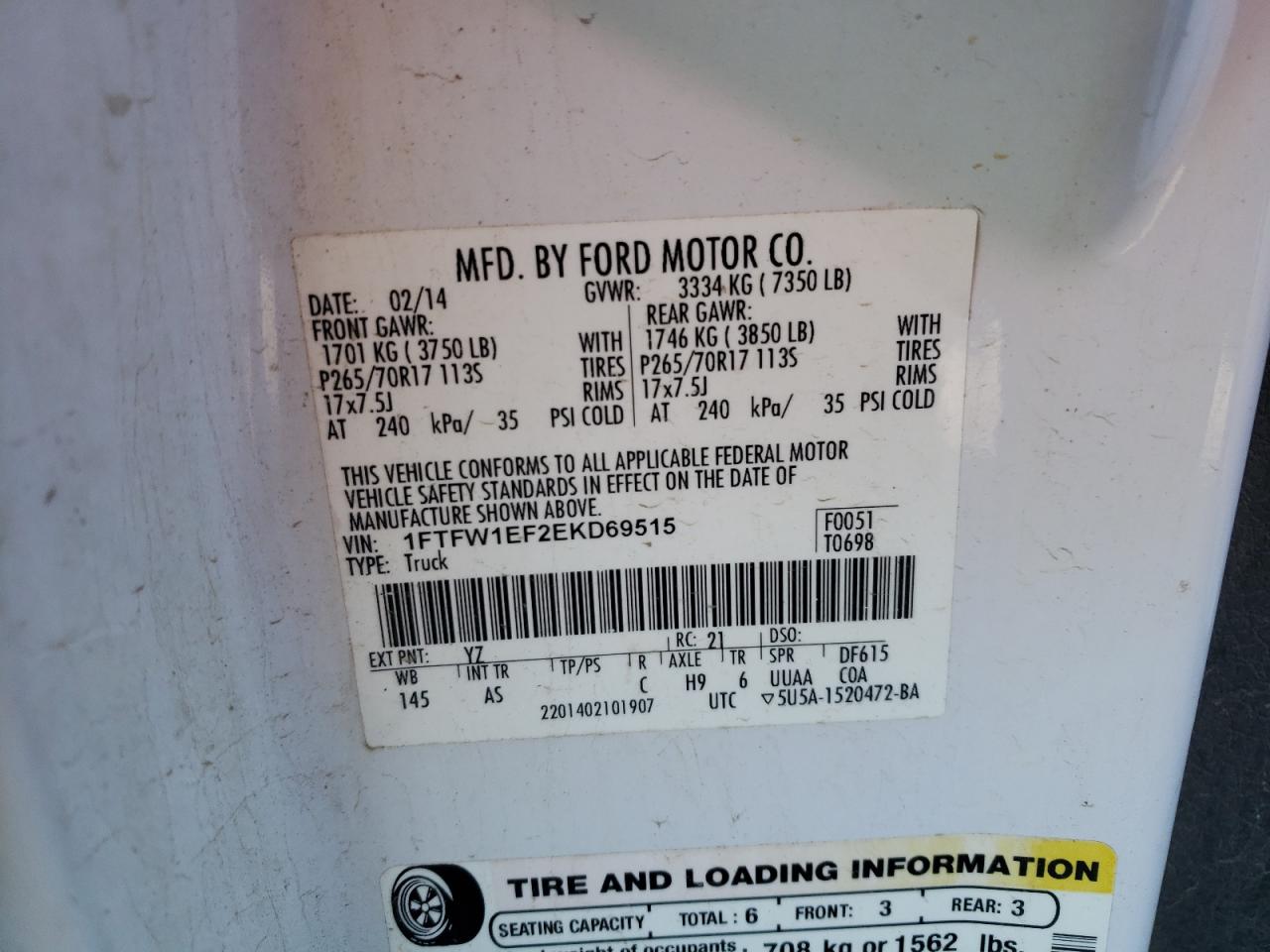 Photo 10 from auction – 2014 FORD F150 SUPER with VIN 1FTFW1EF2EKD69515